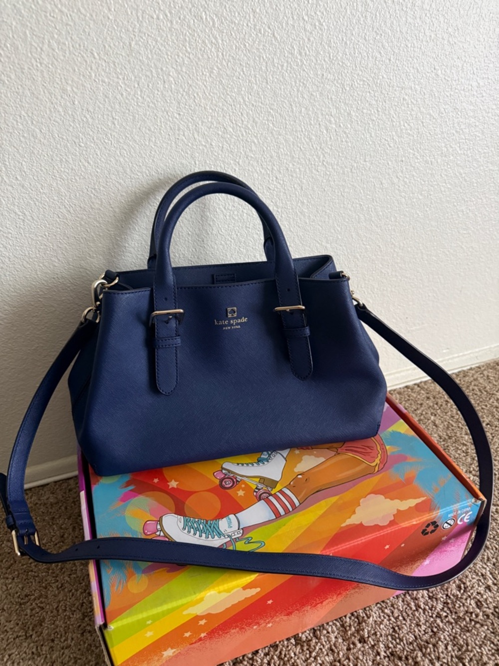 kate spade navy blue leather satchel with shoulder strap